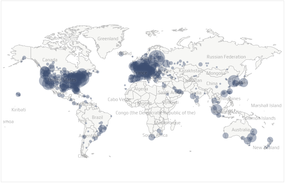 quem manda no bitcoin: mapa de nodes espalhados pelo mundo. Fonte: Bitnodes.